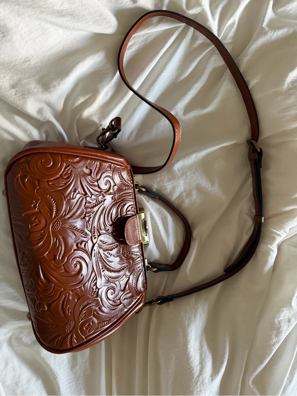 Patricia Nash Embossed Leather Crossbody Bag - Cognac Brown